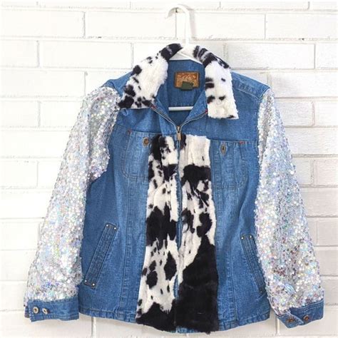 Silver Sequin And Cow Print Jean Jacket Upcycled Jean Jacket Etsy