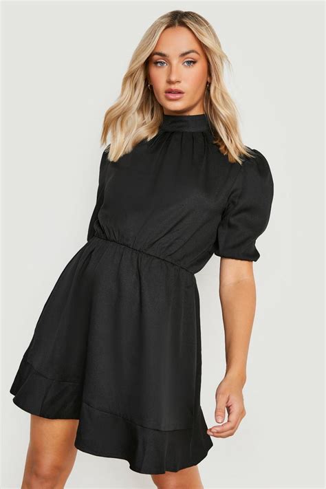 Dresses Puff Sleeve High Neck Skater Dress Boohoo