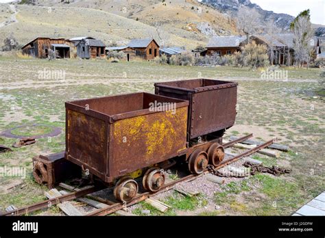 Bannack, Montana. An 1862 gold rush town now preserved in a 'state of arrested decay'. Mine Cars ...