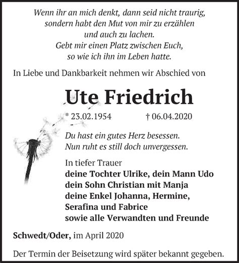 Traueranzeigen Von Ute Friedrich M Rkische Onlinezeitung Trauerportal