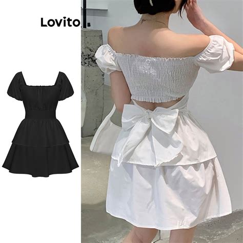 Lovito Women Casual Plain Tiered Layer Puff Sleeve Dress L Ed