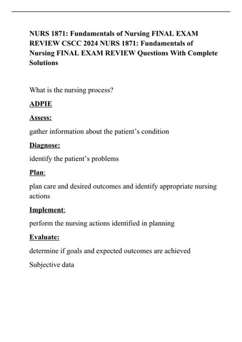 Nurs Fundamentals Of Nursing Final Exam Review Cscc Nurs