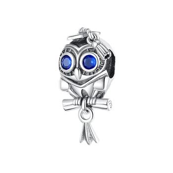 925 Sterling Silver Pendants Cute Blue Eyes Owl Dangle Charms Beads Fit