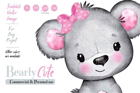 Pink Girl Teddy Bear Clip art with bow, watercolor baby bear (358092 ...