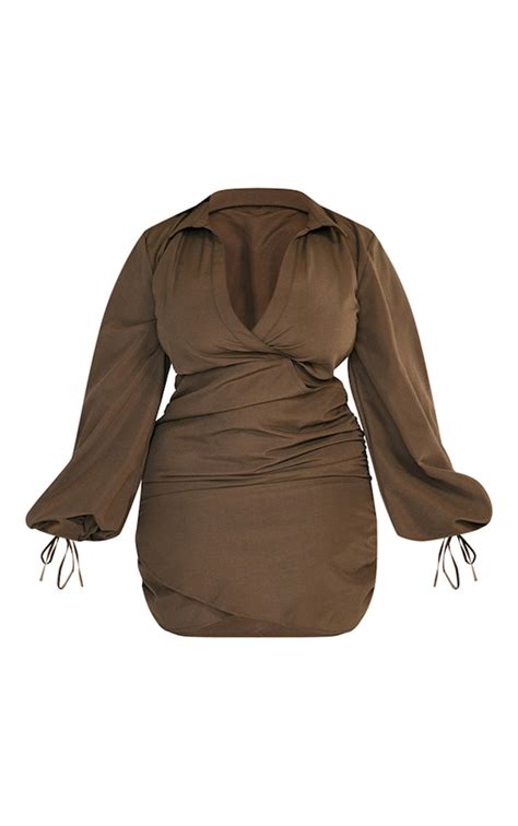 Plus Khaki Plunge Tie Cuff Shirt Bodycon Dress Plus Size