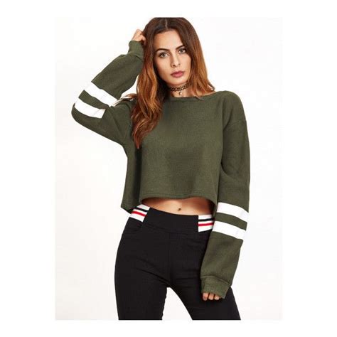 Shein Sheinside Army Green Drop Shoulder Varsity Striped Crop 86