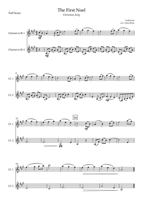 The First Noel Christmas Song For Clarinet In Bb Duo Arr Fabio Britto Sheet Music