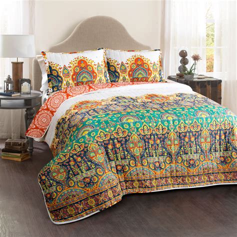 Bohemian Meadow Quilt Orangeturquoise 3pc Set Fullqueen