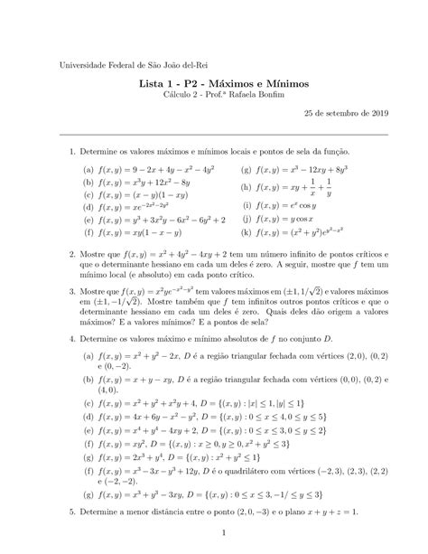 Lista Máximos E Mínimos De Funções De Duas Variáveis Exercícios Cálculo Docsity