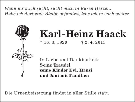 Traueranzeigen Von Karl Heinz Haack Trauer Anzeigen De