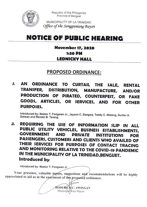 Notice Of Public Hearing For Ordinances La Trinidad