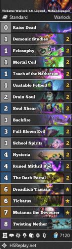 Tickatus Warlock 21 Legend Nohandsgamer Hearthstone Standard Decks