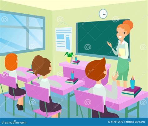 Vector Illustration of Teacher in Classroom with Kids. Female Teacher Standing Near Board in ...