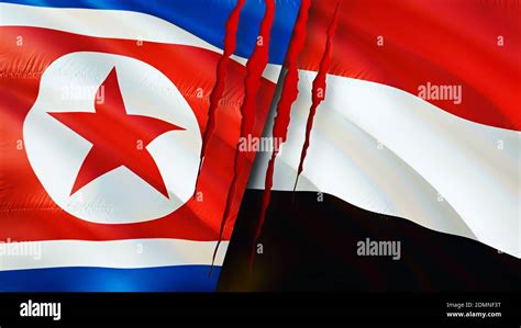 North Korea And Yemen Flags With Scar Concept Waving Flag3d Rendering North Korea And Yemen