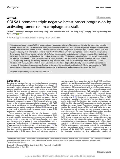 Col A Promotes Triple Negative Breast Cancer Progression By Activating