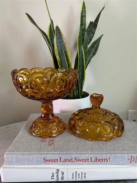 Vintage Le Smith Amber Moon And Stars Glass Pedestal Compote Candy Dish 10 1 2 Etsy