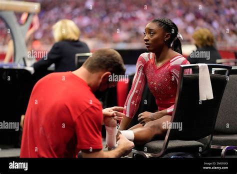 Simone Biles Has Her Ankle Taped Up After Competing On The Beam During