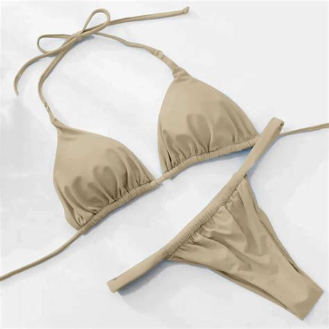 Summer Solid Micro Bikini Set With Thong Triangle Thong Swimsuit Brazlian Bathing Suit For