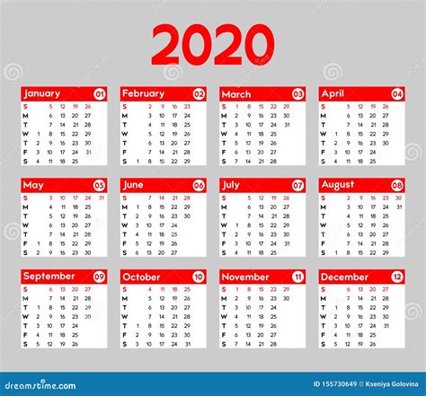 El Calendario 2020 La Semana Comienza El Domingo Ilustración Del