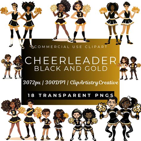 Cheerleader Black and Gold Clipart Bundle PNG Transparent Background ...