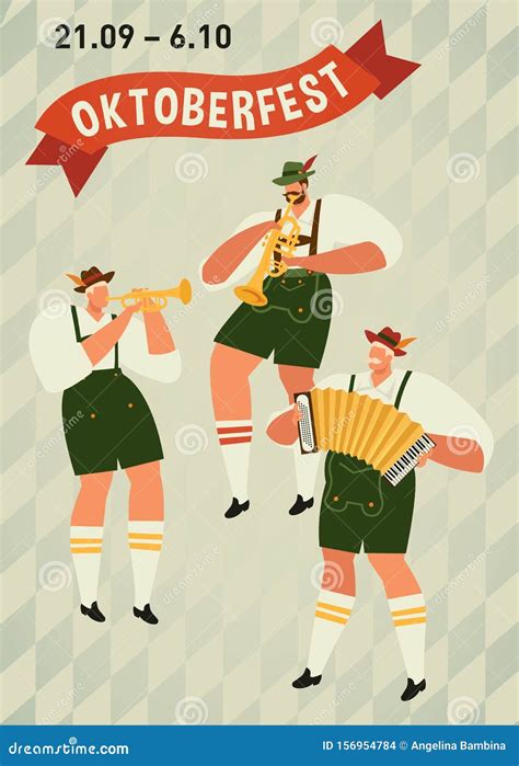 Oktoberfest. Funny Cartoon Characters In Bavarian Folk Costumes Of Bavaria Celebrate And Have ...