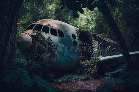 Plane Wreck Surrounded by Dense Jungle, with Vines and Greenery Sprouting from the Wreckage ...