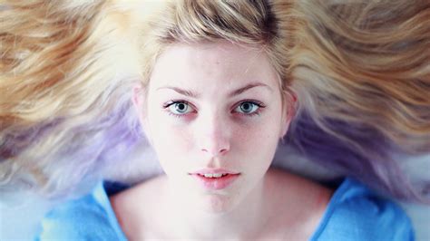 Lying On Back Women Dyed Hair Looking At Viewer Blue Eyes Blonde