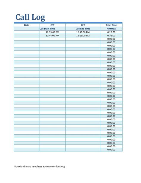 Free Printable Call Log Templates Word Excel Pdf