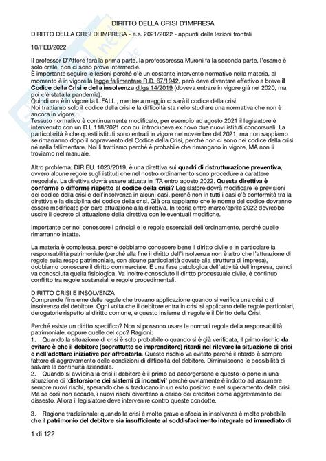 Appunti Lezioni Frontali Del Corso Di Diritto Della Crisi D Impresa