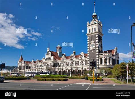 The ornate exterior architecture of the railway station at Dunedin ...