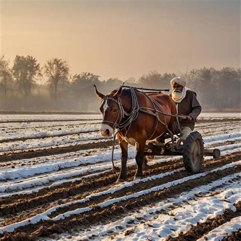 Indian Farmer Ploughing His Fields Using Traditional Wooden Plough