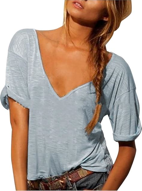 Longshirt Damen Einfarbig Tshirt V Ausschnitt Sexy Bluse Solid Color