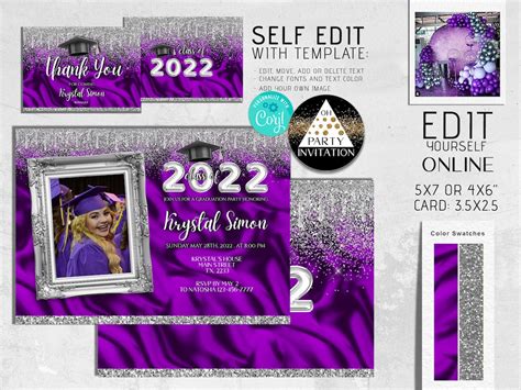 Editable Graduation Invite With Picture Silk Purple And Silver Graduation Open House Invitation