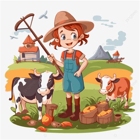 Agricultura Clipart Granjero Chica Con Dibujos Animados De Cabra Vector