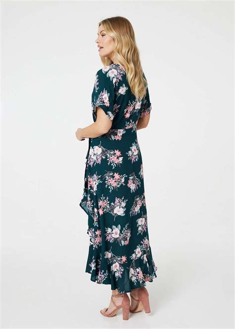 Izabel London Dark Green Floral Frill Hem Midi Wrap Dress Matalan