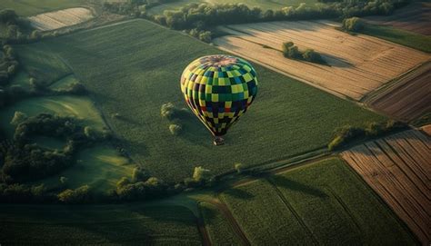 Premium AI Image Multi Colored Hot Air Balloon Flying Over Rural Landscape Adventure