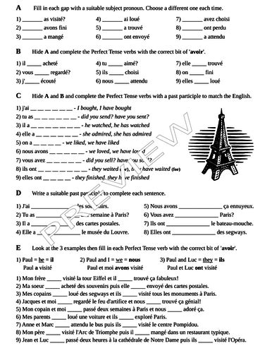 The Perfect Tense Of Regular Avoir Verbs In French Worksheets And A Ppt Teaching Resources