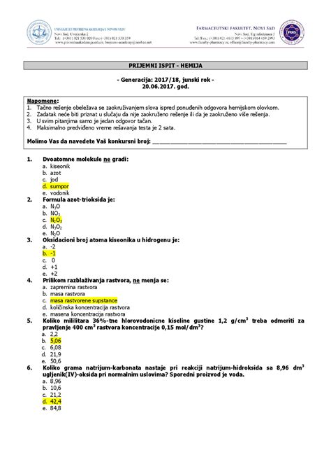 Prijemni Test Iz Hemije Pitanja I Odgovori Farmaceutski Fakultet