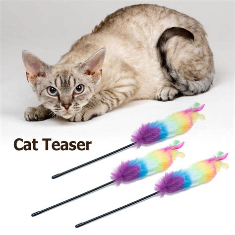 Cat Teaser Feather Wand Kitten Interactive Stick Pet Toys 47cm EBay