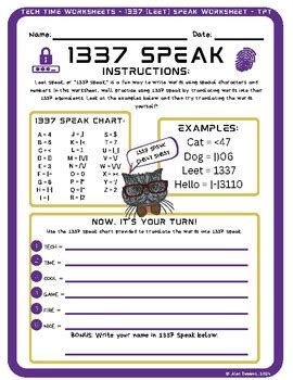 1337 (Leet) Speak Worksheet by Tech Time Worksheets | TPT