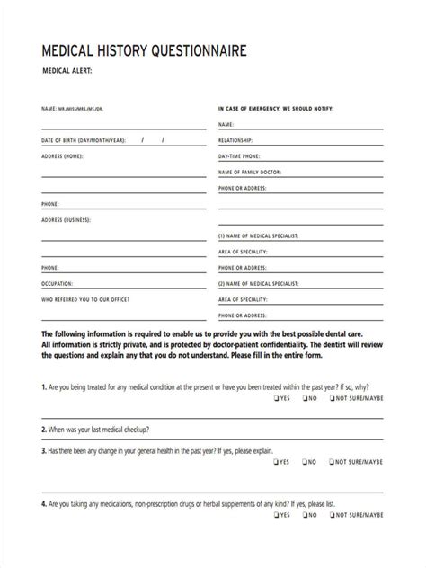 Medical History Questionnaire Template