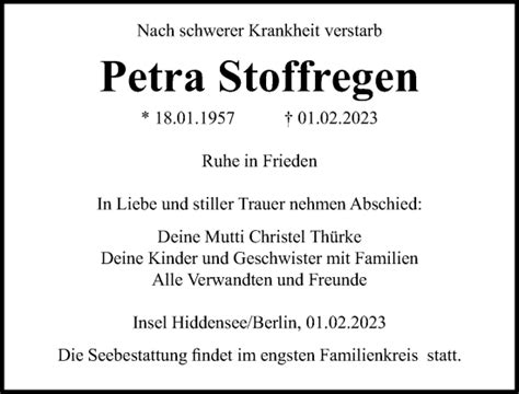 Traueranzeigen Von Petra Stoffregen Trauer Anzeigen De