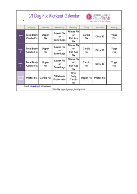 21 Day Fix Workout Calendar Template printable pdf download