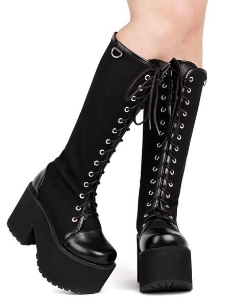 Black Gothic Punk Lace Up Knee Platform Boots For Women Darkincloset