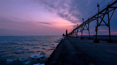 Horizon Ice Lighthouse Ocean Pier Sea Sunset Wallpaper Resolution2048x1152 Id1032464