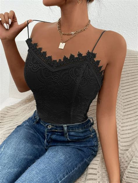 Shein Bae Solid Contrast Lace Cami Top Shein Usa Cami Tops Lacey