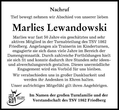 Traueranzeigen Von Marlies Lewandowski Allg Uer Zeitung