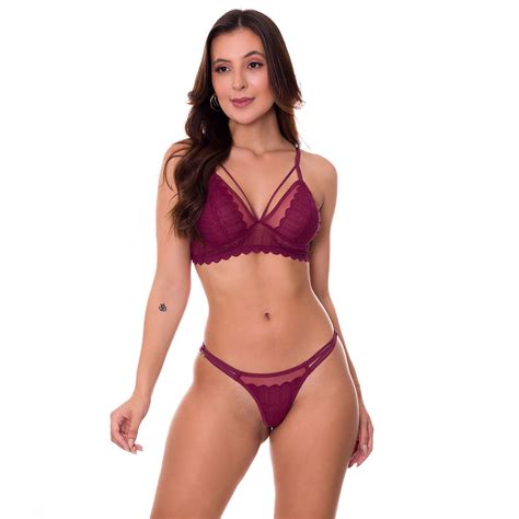 Conjunto De Lingerie Strappy Em Renda Vinho VC3264 Estilo Sedutor