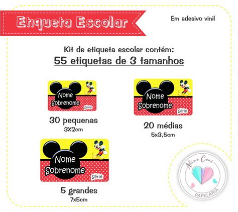 Etiqueta Escolar Mickey Adesivo Vinil Elo7 Produtos Especiais