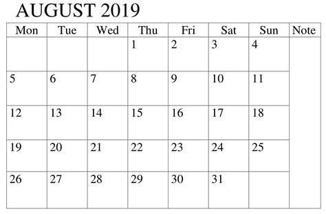 Ace August Excel Calendar 2019 Free Templates For Plant Maintenance